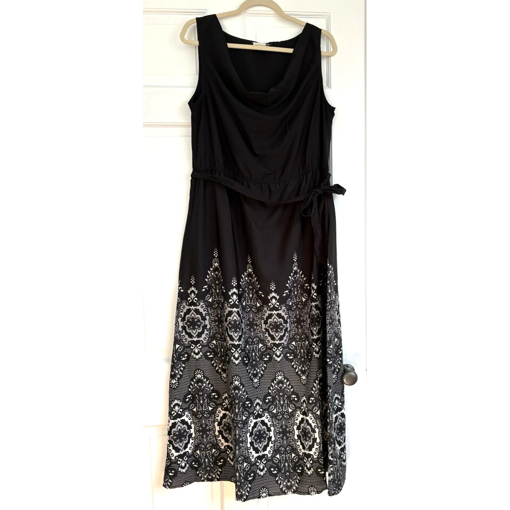 Peach Couture Black Damask Border Print Cowl Neck Maxi Dress Womens Large L